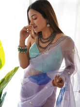 Vachi Elegant Floral Printed Cutwork Pure Organza Lavender Saree